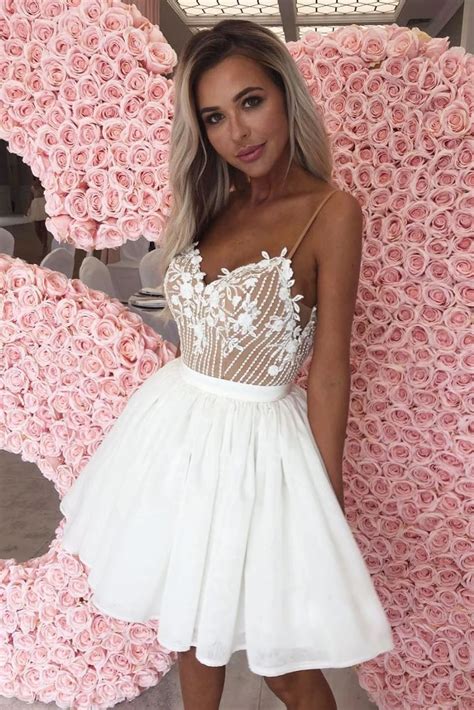 Cute Spaghetti Straps Sweetheart White Chiffon Homecoming Dresses With Lace H1026 White