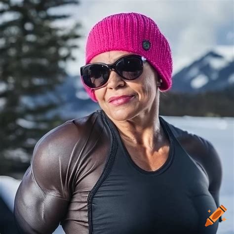 photo of mature muscular woman bodybuilder in tight spandex