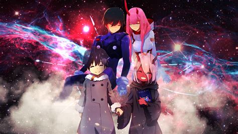 Darling In The Franxx Zero Two Hiro With Background Of Stars And