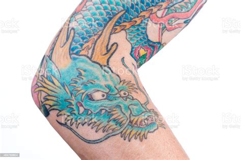 Photo Libre De Droit De Bleu Dragon Tatouage Sur Le Bras Banque D