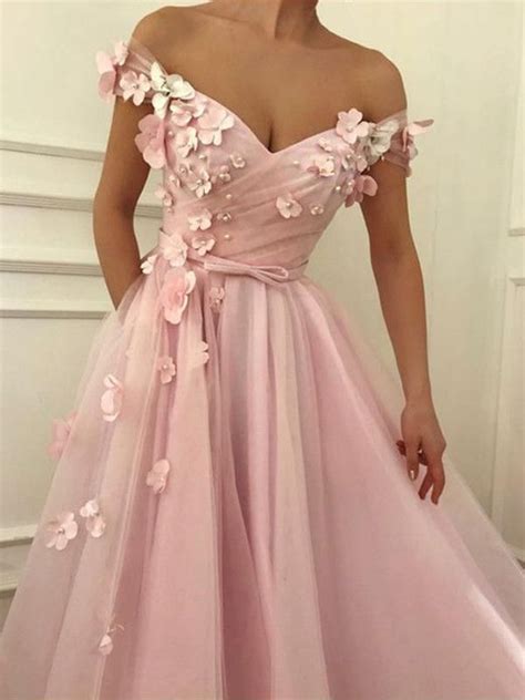 Pink Flower Applique Off The Shoulder V Neck Long Evening Prom Dresses