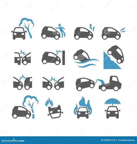 Car Accident Insurance Black Vector Icon Set Frontal Collision Crush