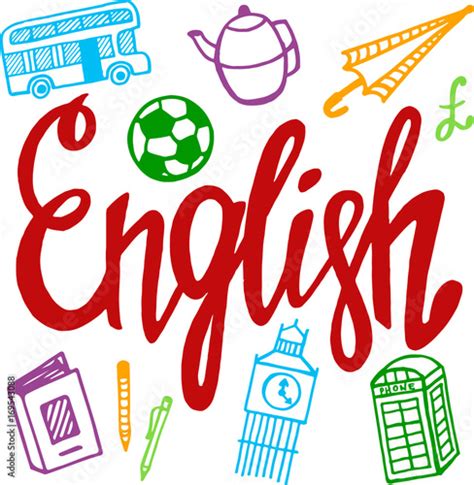 English Subject Language Hand Drawn Lettering School Icon Set