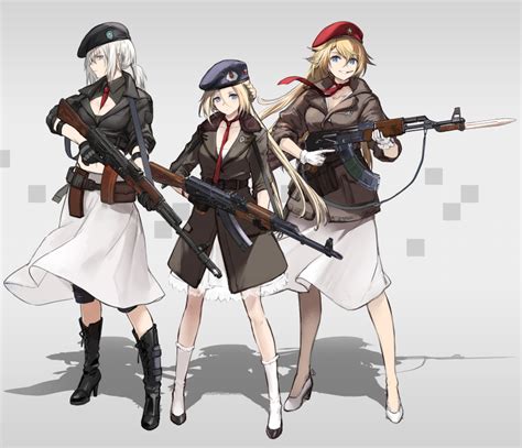 Safebooru 3girls Absurdres Ak47 Girls Frontline Assault Rifle Bayonet Belt Between Breasts
