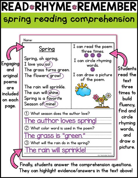 Read Rhyme Remember Spring Reading Comprehension A Teachable Teacher