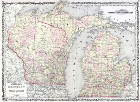 Large Detailed Old Administrative Map Of Michigan And Wisconsin States
