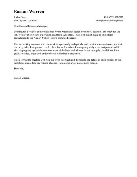 Have a look at our hotel manager cover letter example written to. Room Attendant Cover Letter Examples | MyPerfectResume