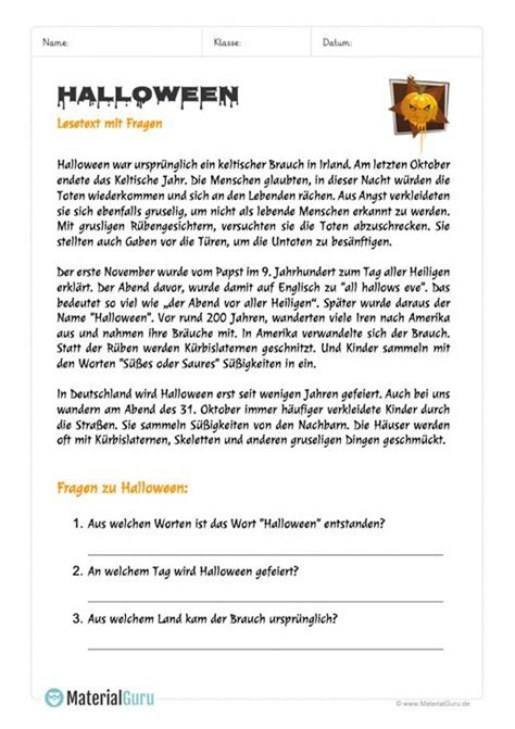 Kostenlose übungen und arbeitsblätter mit übungstexten für latein in der 6. Arbeitsblatt: Lesetext Halloween | Deutsch lernen übungen ...