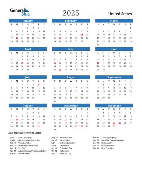 2025 Year Calendar With Holidays Printable
