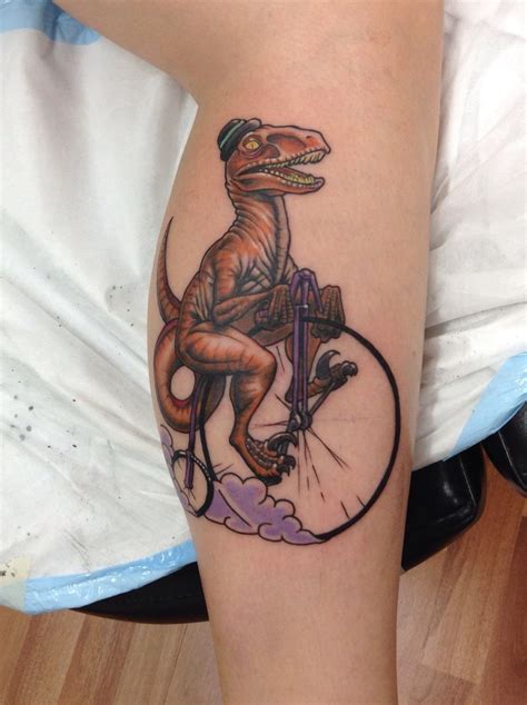 Velociraptor Riding Pennyfathing Tattoo Dinosaur Tattoo Neo Trad Tattoo Dinosaur Tattoos