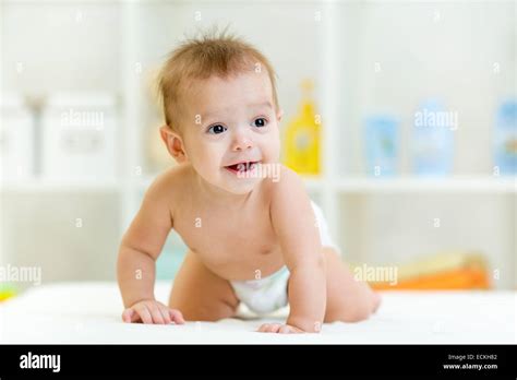 Crawling Funny Baby Boy At Home Stock Photo Alamy