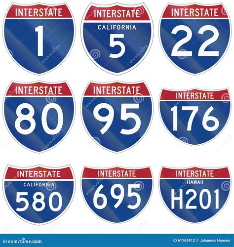 Collection Of Interstate Route Markers Used In The Usa Stock