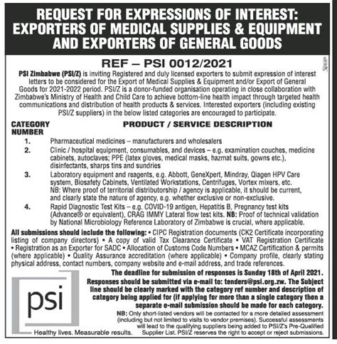 Request For Expressions Of Interest Exporters Of Medical Supplies