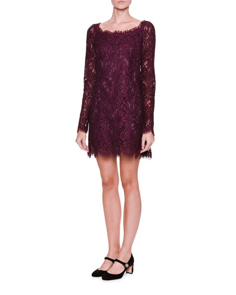 Dolce And Gabbana Long Sleeve Lace Shift Dress Dark Aubergine