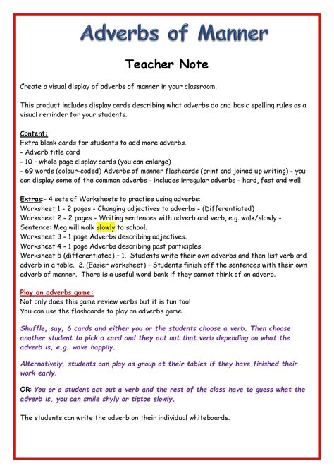This adverb of manner worksheet is perfect for supporting your class as they learn about language conventions.&nbsp;first, the children are tasked with matching the correct adverb with the sentence. Adverbs of Manner Display, Worksheets/Activities on Adverbs, Adverb Games - Keystage 1/ESL/EFL ...