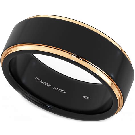 Mens Black Tungsten Ring With Rose Gold