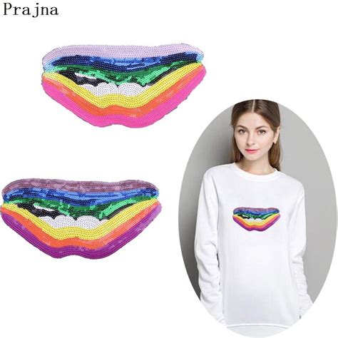 Prajna Sexy Rainbow Mouth Patch Sew On Clothing Shiny Sequins Patches