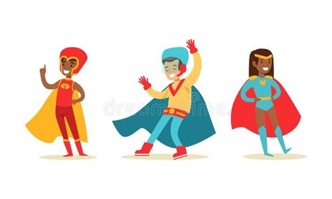 Set Of Happy Boys And Girls Dressed Superhero Costumes Super Kids