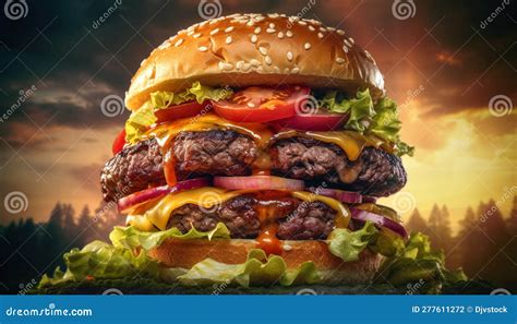 Grilled Beef Burger With Melted Cheddar Cheese Generated By AI Stock