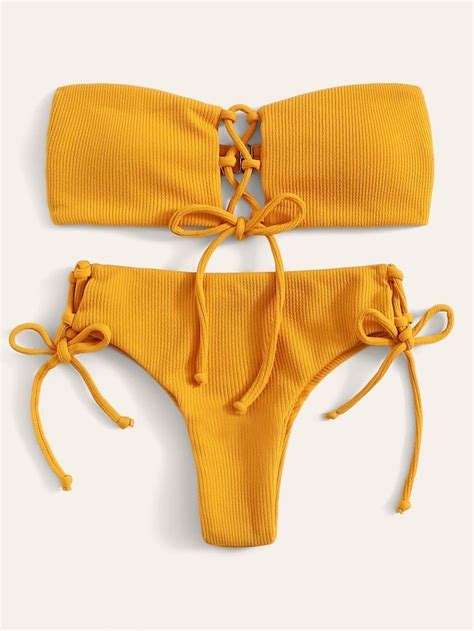 Yellow Swimsuit Laced Up Ribbed Bandeau With Tie Side Bikini Bottom
