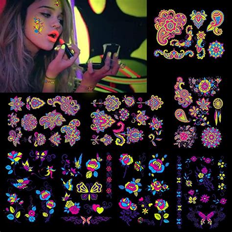 Buy Howaf 8 Large Sheets Neon Temporary Tattoos60 Shimmer Designs Glow Uv Neon Body Face Skin