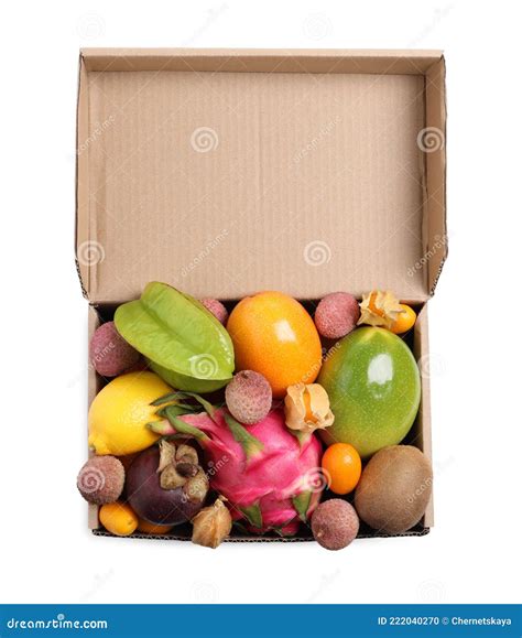 Cardboard Box With Different Exotic Fruits On White Background Top