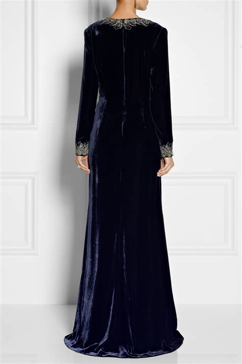 Oscar De La Renta Embellished Velvet Gown In Navy Blue Lyst