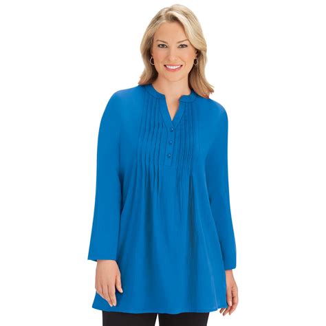 Solid Cotton Pintuck Tunic Top Long Sleeved Collections Etc