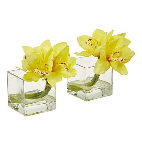 Nearly Natural Cymbidium Orchid Artificial Arrangement In Glass Vase Set Of 2 Yellow In 2021