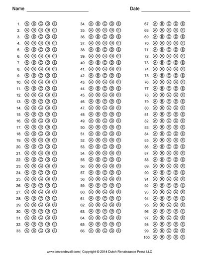 Multiple Choice Answer Sheet 1 100