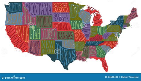 Usa Map With States Pictorial Geographical Poster Of America Stock