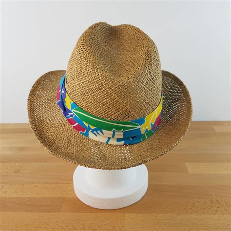 Vintage 80s Tropical Straw Panama Hat With Tropical Fabric Etsy