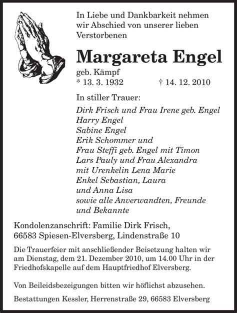 Traueranzeigen Von Margareta Engel Saarbruecker Zeitung Trauer De