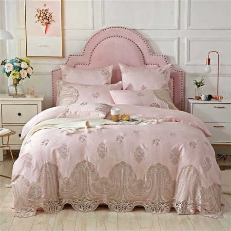 Pink Princess Luxury Silver Lace Embroidery 80s Tencel Bedding Set Duvet Cover Bed Linen Bed