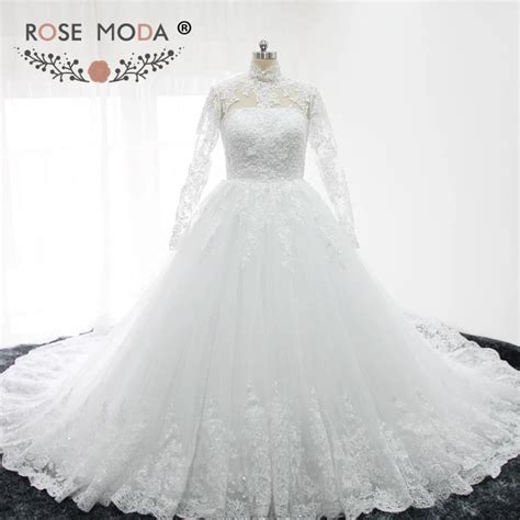Rose Moda High Neck Long Lace Sleeves Wedding Ball Gown Princess