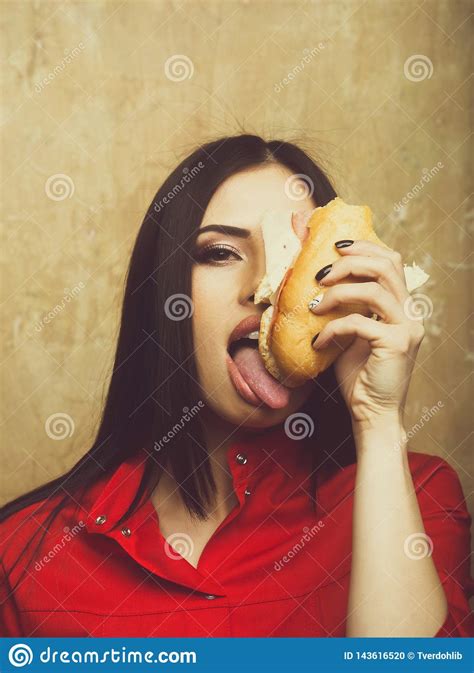 Hungry Pretty Brunette Woman Eats Big Sandwich Or Burger Stock Photo Image Of Eating Cheese
