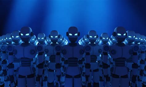 Group Of Robots On Blue Background Artificial Intelligence In