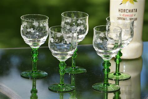 Vintage Etched With Green Stemmed Wine Glasses Set Of 6 Vintage Port