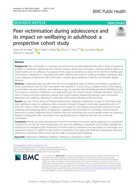 Pdf Peer Victimisation During Adolescence And Its Impact On Wellbeing In Adulthood A