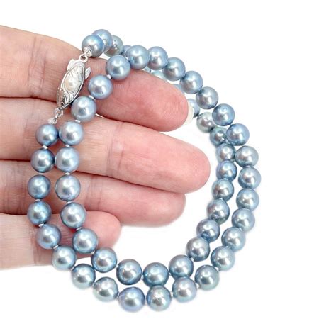 Blue Japanese Saltwater Cultured Akoya Pearl Vintage Necklace Choker Sterling Silver 15 75