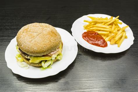 Fast Food Or Burger And French Fries With Ketchup Stock Image Image