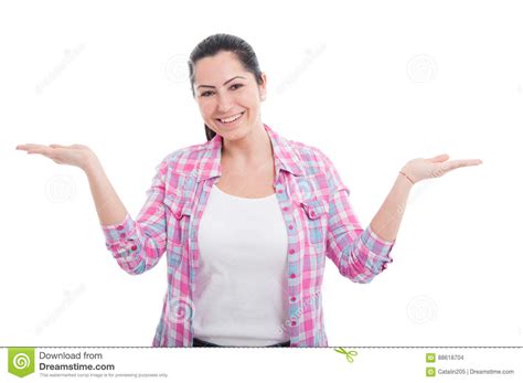 Joyful Casual Woman Holding Her Palms Up Stock Photo Image Of Blank