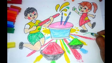 Kids Celebrating Holi Festival Drawing For Kids Youtube