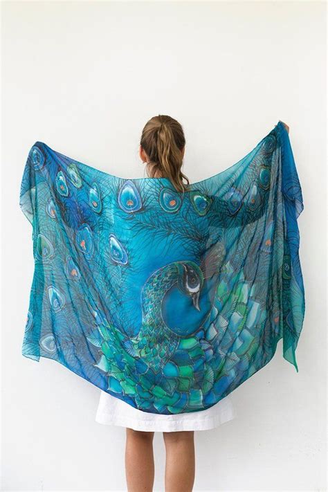 Peacock Hand Painted Silk Scarf Peacock Wing Scarf Chiffon Etsy