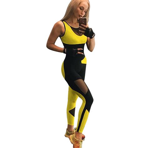 Sports Wear For Women Backless One Peice Gym Set Mesh Yellow Workout