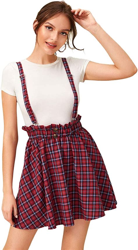 shein women s classic tartan plaid high waist suspender skater flare short skirt ebay