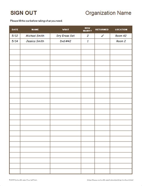 Equipment Sign Out Sheet Tool Check Out Form