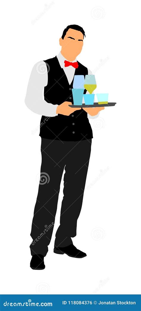 Professional Waiter Holding Tray With Order Drinks For Guests Vector