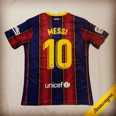 Large Messi Barcelona Home Kit 2021 Football Soccer Jersey Rakuten Premium Top Quality Mens