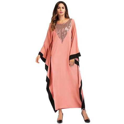 Casual Muslim Sequins Abaya Bat Sleeve Maxi Dress Loose Kimono Plus
